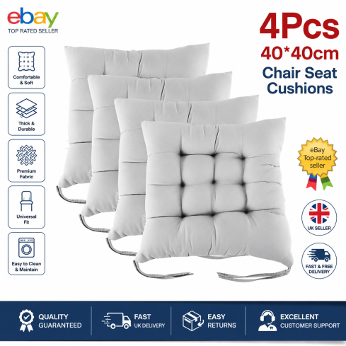 4x Chair Seat Cushions Tie On 40x40cm Soft Dining Kitchen Garden Seat Pads UK